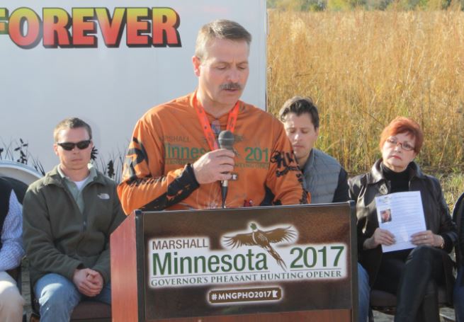 Ron Prorok of Lyon County Pheasants Forever spoke at the Meger WMA dedication. Ron Prorok of Lyon County Pheasants Forever spoke at the Meger WMA dedication.