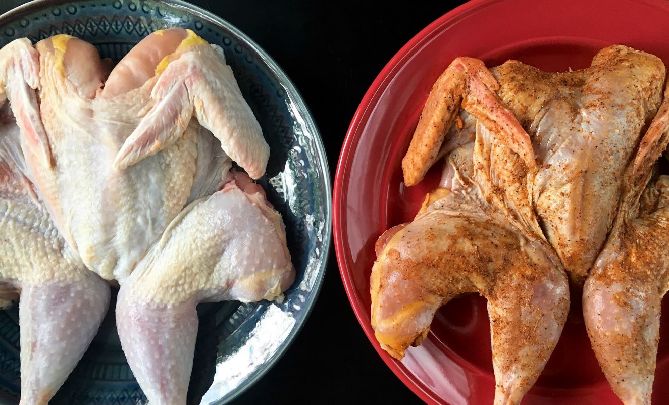 Wet-brined pheasant ready for smoking (left), and dry brined (right). Wet-brined pheasant ready for smoking (left), and dry brined (right).